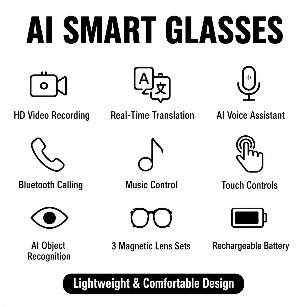 AI Smart Glasses with HD Camera, Real-Time Translation & Voice Assistant | 3 Magnetic Lens Set